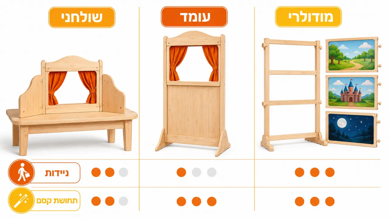 טבלת השוואה חזותית בין תיאטרון שולחני, עומד ומודולרי