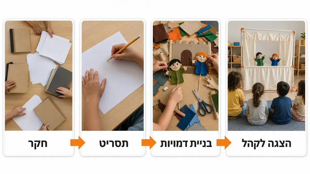 תלמידים בונים תפאורה ובובות לפרויקט תיאטרון בית ספרי