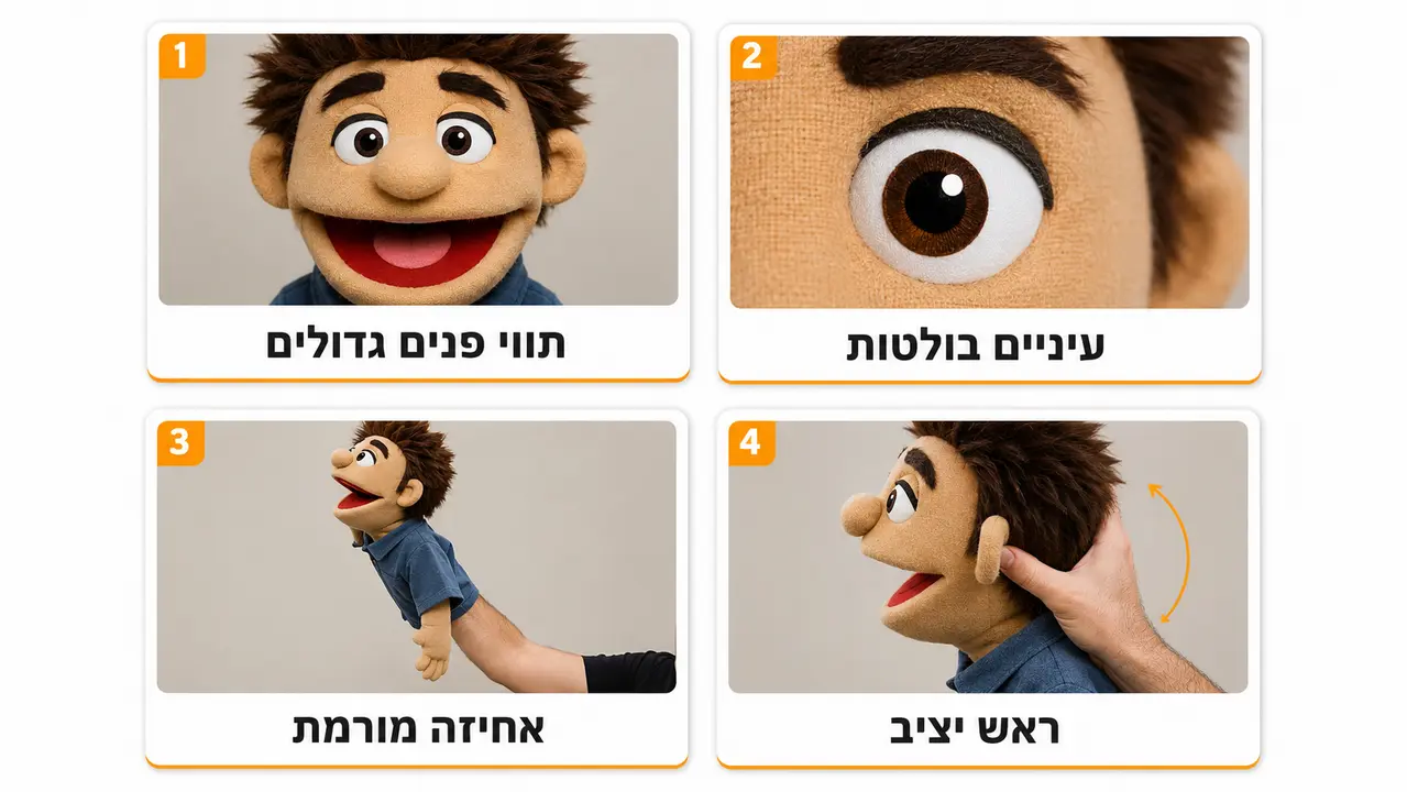 בובת תיאטרון יד מקצועית עם תווי פנים בולטים על גבי במה