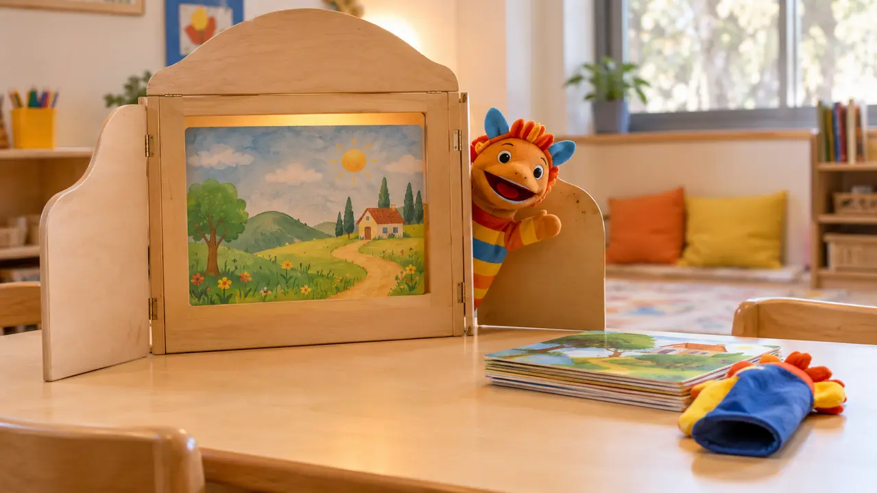 הפעלה משולבת של במת קמישיבאי עם בובת כפפה מציצה מהתפאורה