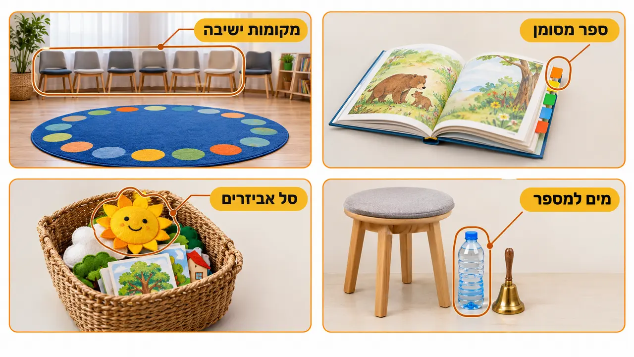 ערכת סיפור עם ספר, אביזרי המחשה וסל ייעודי לפני שעת סיפור