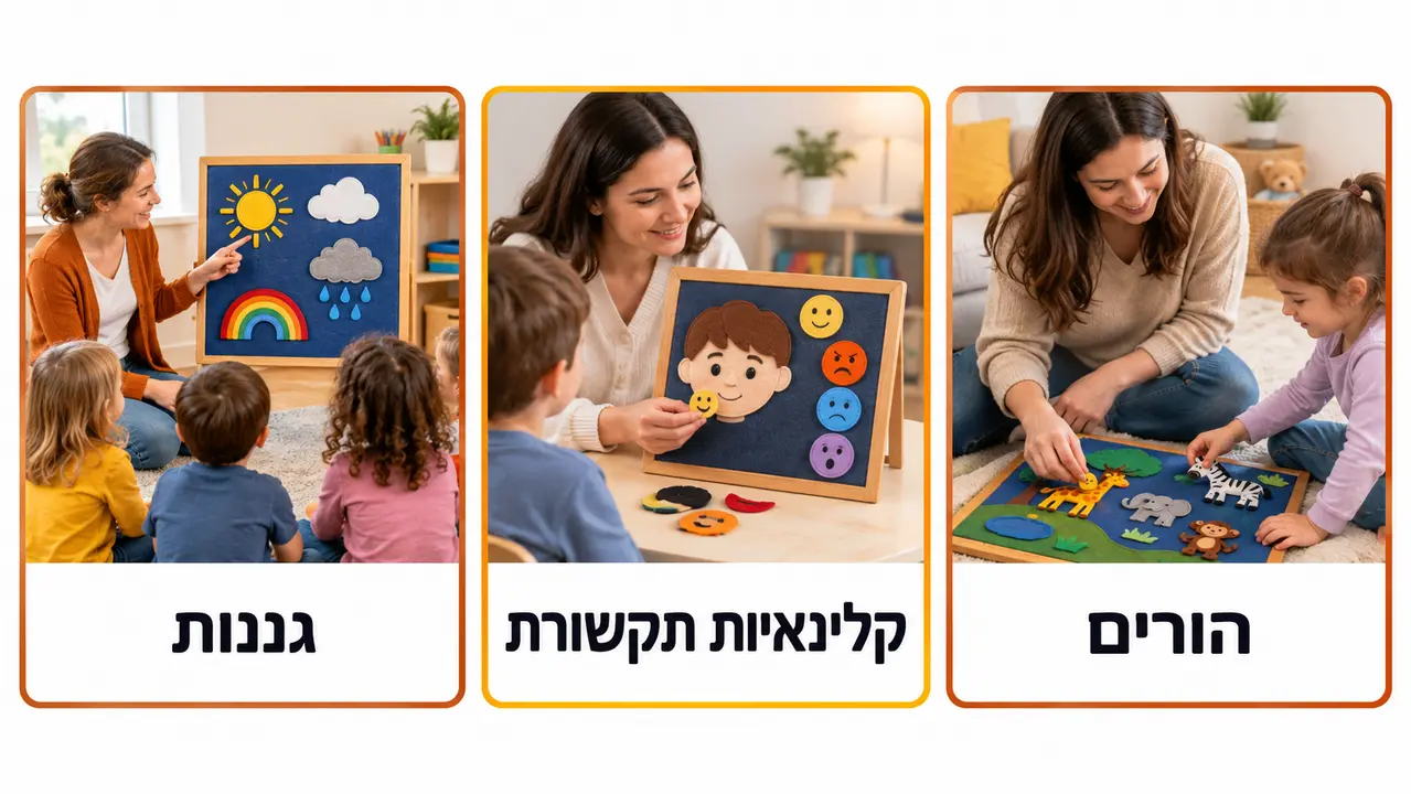 ילדים עובדים עם לוח לבד פלנלוגרף בפינת סיפור