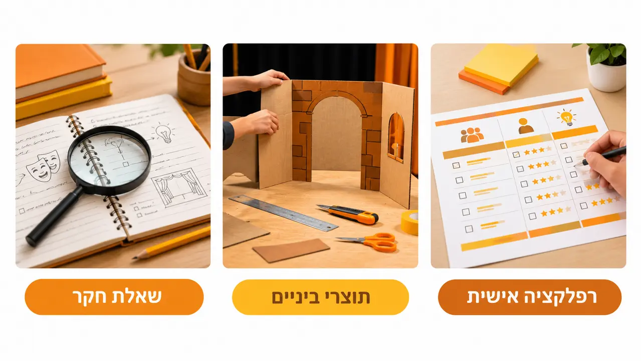 תלמידים עובדים על תוצרי ביניים בפרויקט תיאטרון