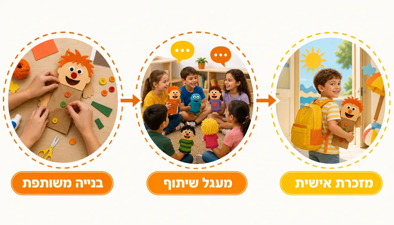 שיעור סיכום שנה בכיתה סביב בניית בובות ומעגל שיתוף חגיגי של התלמידים