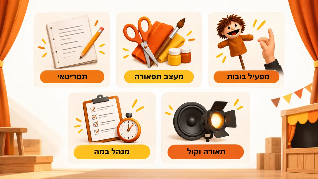 צוות תלמידים מחלק ביניהם תפקידים בהפקת תיאטרון כיתתית