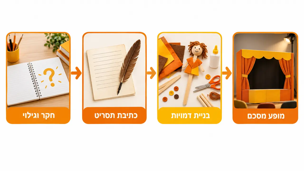 תלמידים בונים ומפעילים הצגת תיאטרון בובות בכיתה במסגרת פרויקט PBL