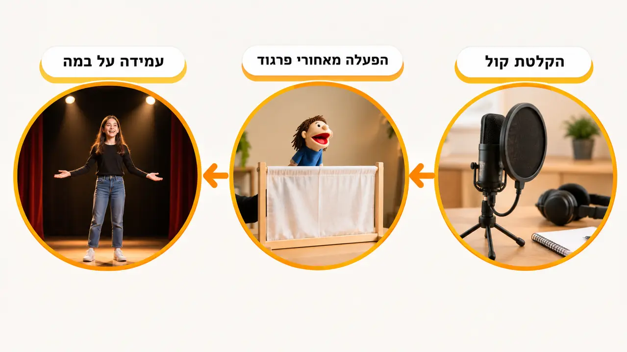 תלמידה מפעילה בובה מאחורי פרגוד תיאטרון